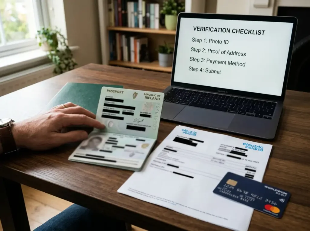 Generic identity document, payment card and account checklist with personal details visibly redacted