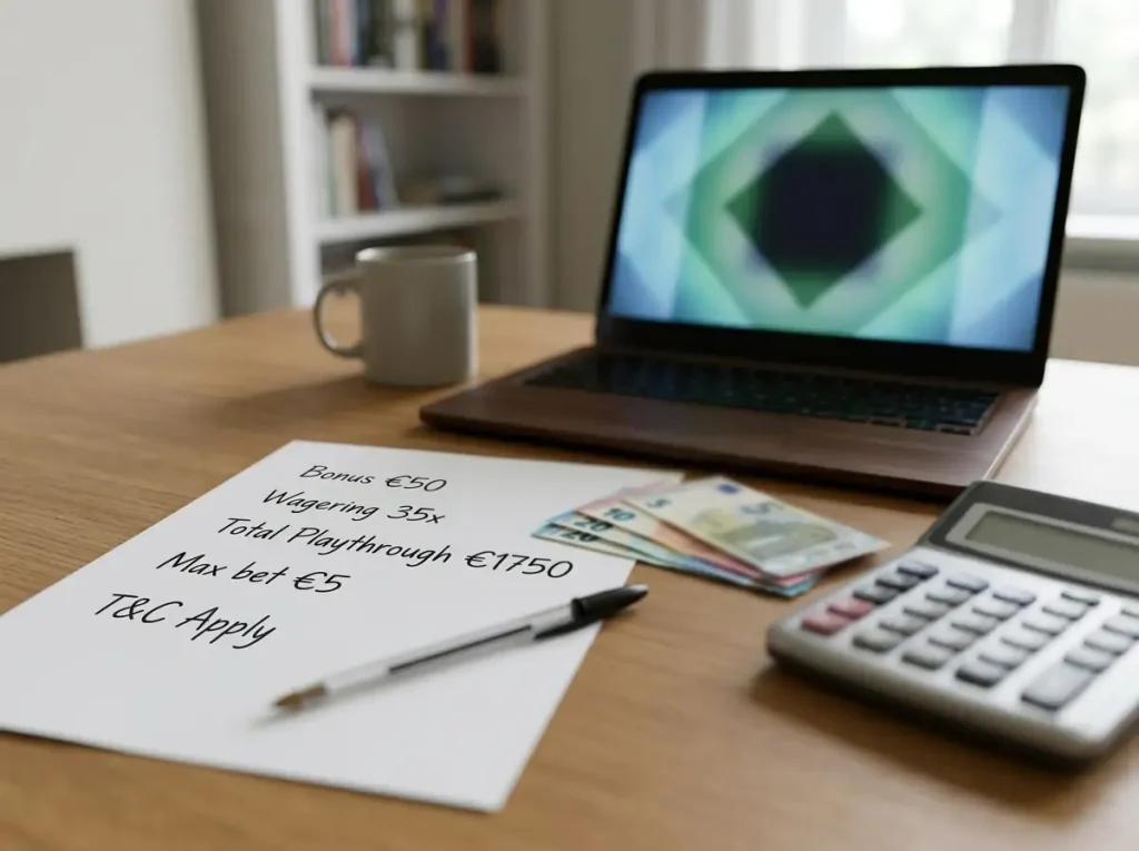 Calculator, euro notes and simple wagering figures beside a laptop in a neutral editorial setting
