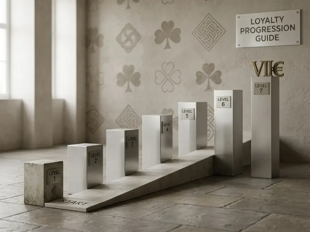 Seven-step loyalty ladder with simple milestone markers progressing from entry level to top tier