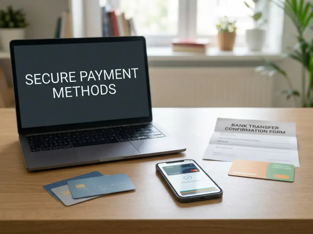 Euro payment cards, a digital wallet and bank transfer details arranged beside a laptop