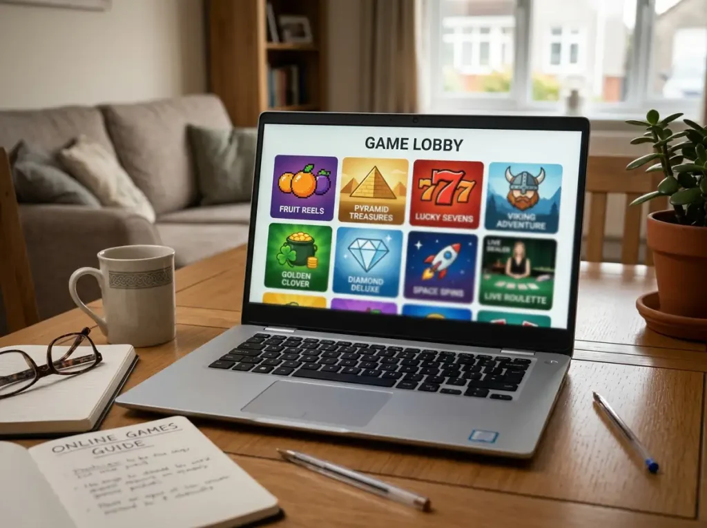Generic online casino lobby with slot tiles and a live dealer table on a laptop screen