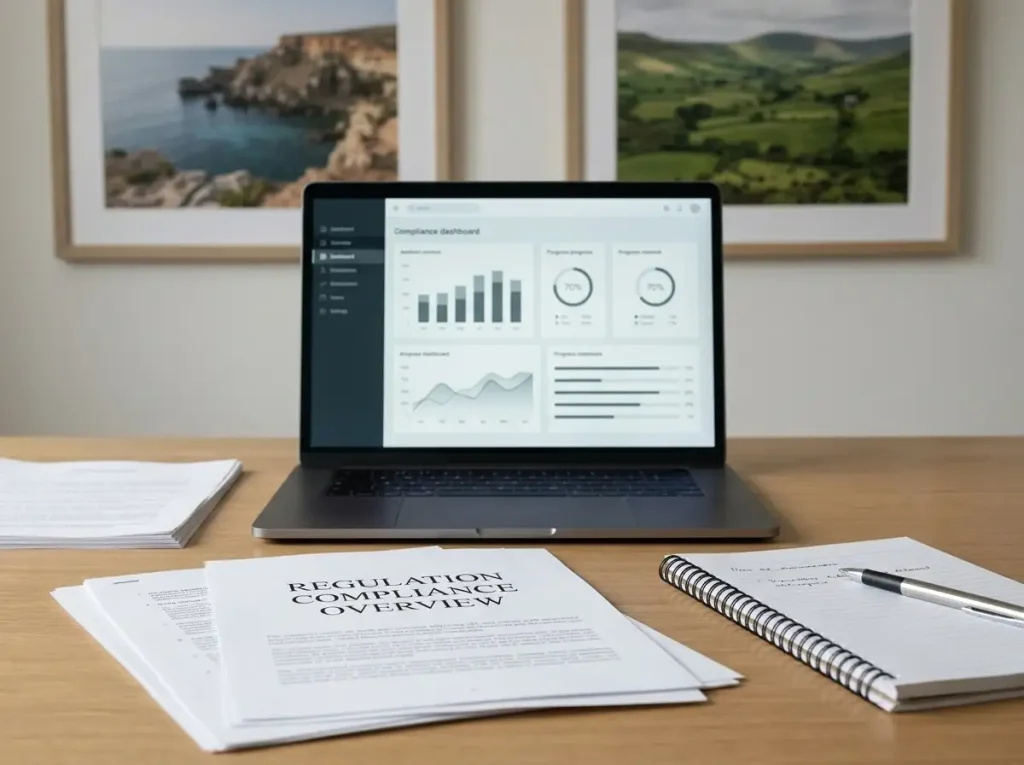 Regulatory documents beside a laptop and notebook in an Irish and Maltese compliance setting