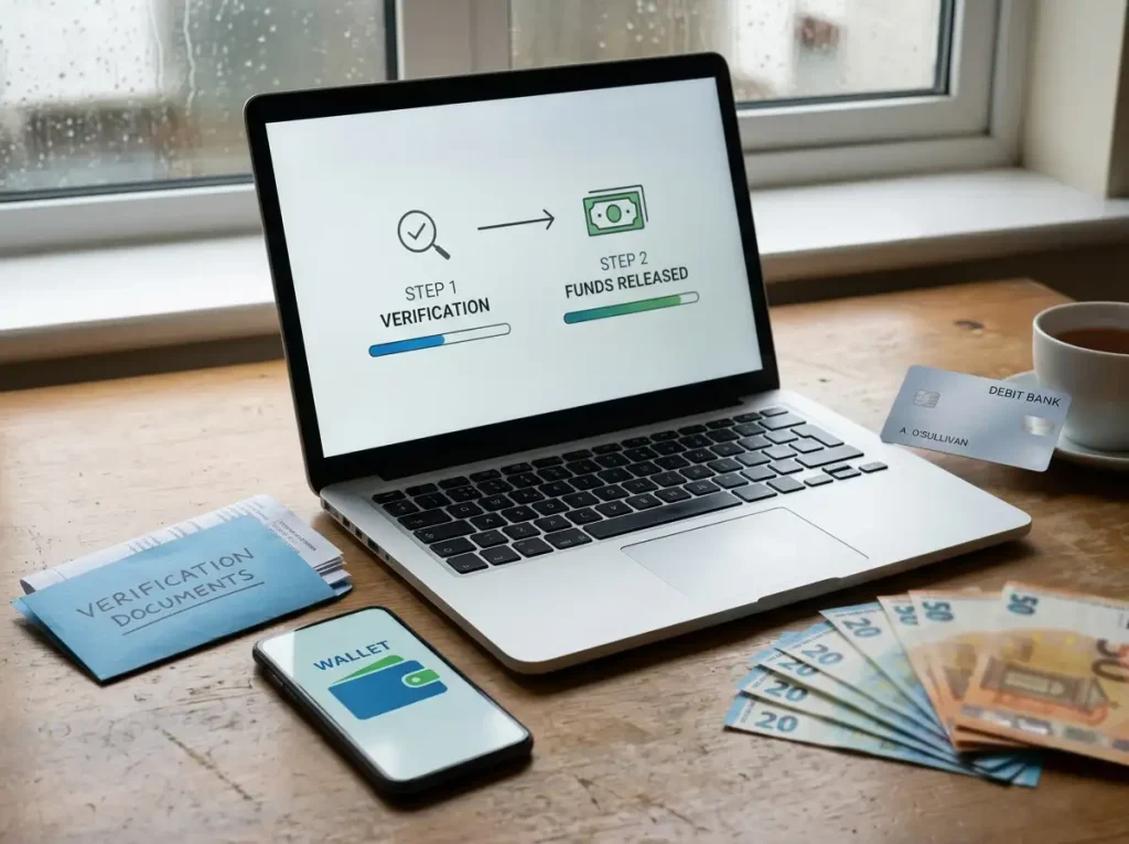 Bank card and digital wallet beside a simple cashout workflow on a laptop